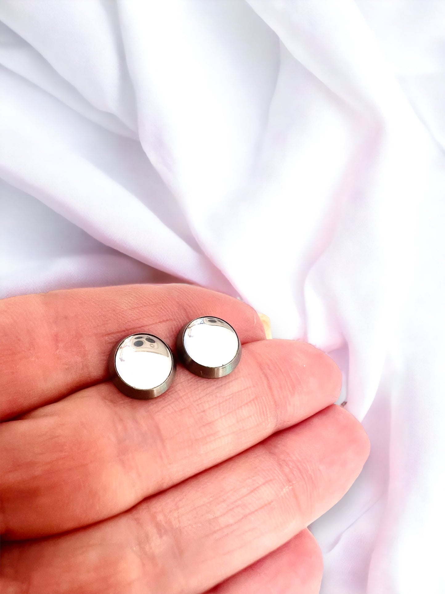 Shiny Mirror Titanium Earrings – Hypoallergenic, lightweight, and minimalist reflective earrings in 8mm or 10mm size
