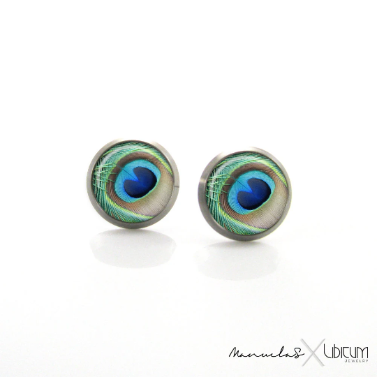 Peacock Feather Peacock hypoallergenic studs Handmade earrings Green Girls Earrings Fun Earrings for sensitive ears First Earrings Earrings for Kids Earrings delicate earrings Cute earrings Blue green Blue Animal jewelry