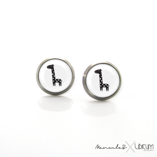 Black Giraffe earrings, Animal Jewelry, animal studs, black and white jewelry, black white earrings, childrens earrings, children titanium earrings, cute earrings, cute giraffe