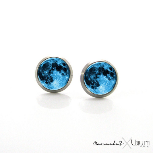 Titanium earrings featuring a full blue moon design, available in 8mm and 10mm sizes. Lightweight, hypoallergenic, and safe for sensitive ears