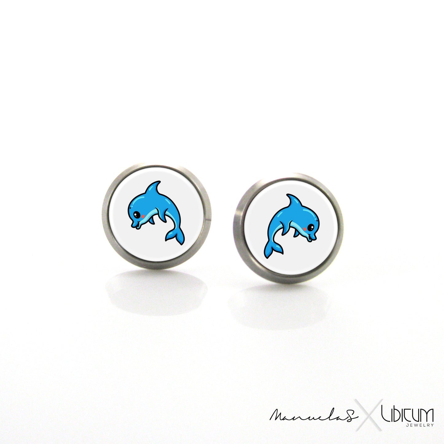 These Titanium Earrings are:• made from pure titanium• nickel free, allergy free, hypoallergenic and therefore perfect for people with sensitive skin• Durable - Waterproof• Made In Europe• avaliable in two sizes: - 8 mm / 0.3" in diameter - 10 mm / 0.4" in diameter , Dolphin titanium earrings, blue dolphin
