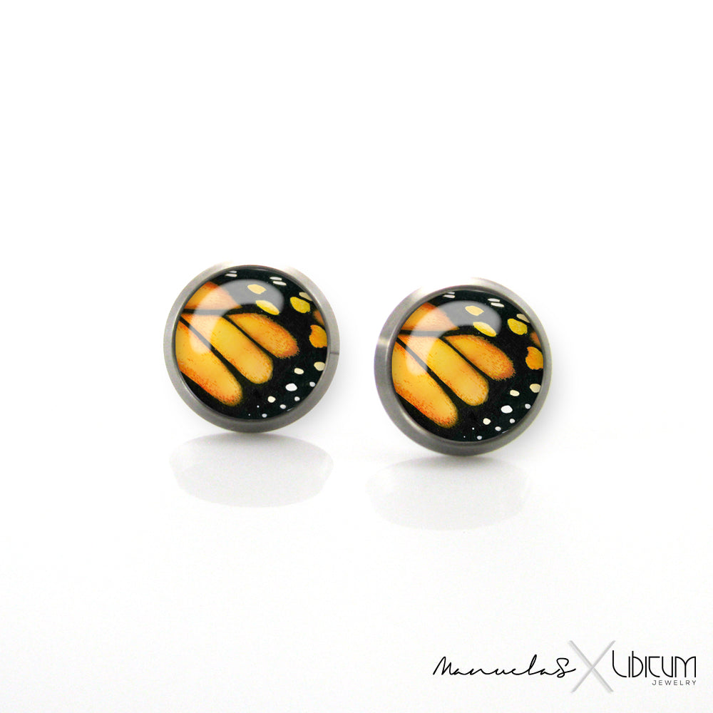 Monarch butterfly wing titanium earrings in orange and black, hypoallergenic and lightweight, available in 8mm or 10mm sizes