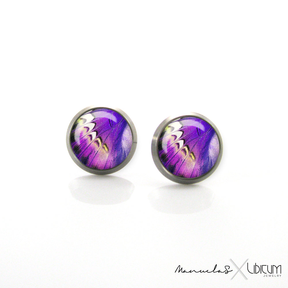 Purple butterfly wing titanium earrings, hypoallergenic and lightweight, perfect for sensitive ears in 8mm or 10mm sizes