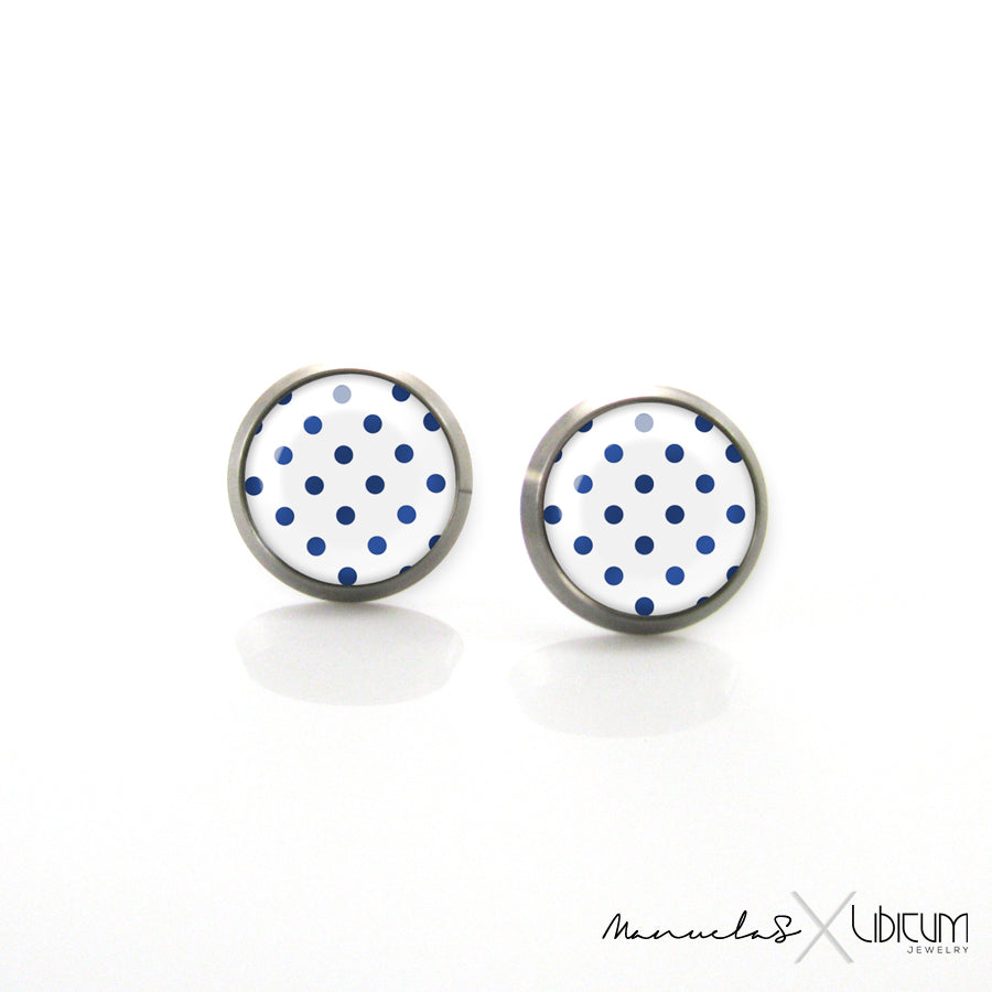 Navy-style titanium earrings featuring four summer-inspired patterns: white polka dots, blue polka dots, blue and white stripes, and a white anchor on a blue background. Available in 8mm and 10mm sizes.