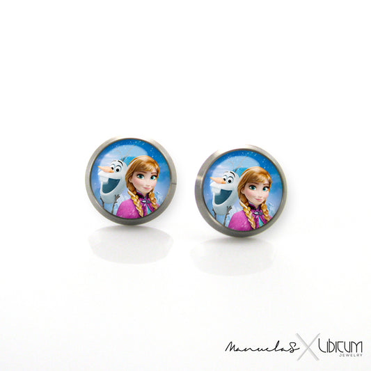 Titanium Children's Earrings featuring Princess Anna and Olaf from Frozen, available in 8mm or 10mm sizes. Hypoallergenic and adorned with enchanting characters for a touch of magical style in every wear."