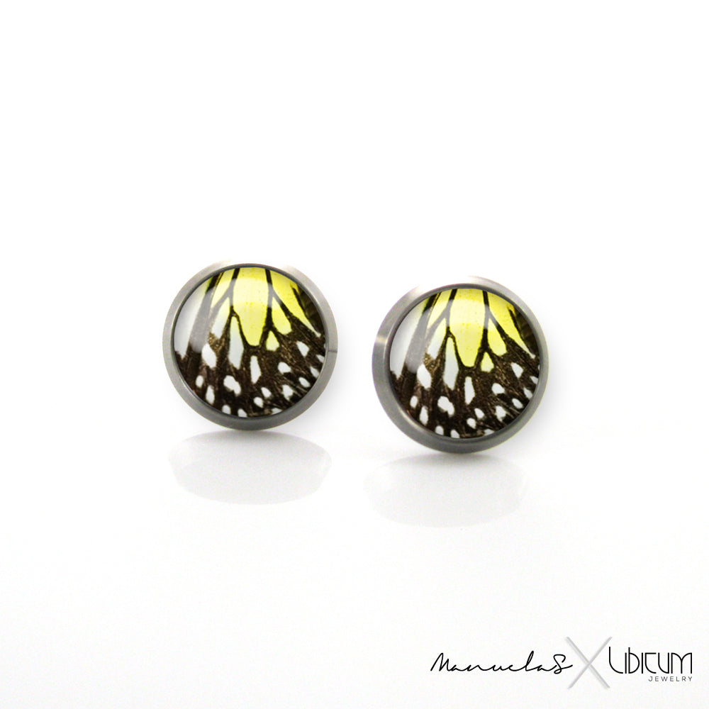 Yellow, black, and white butterfly wing titanium earrings, hypoallergenic and lightweight, available in 8mm or 10mm sizes