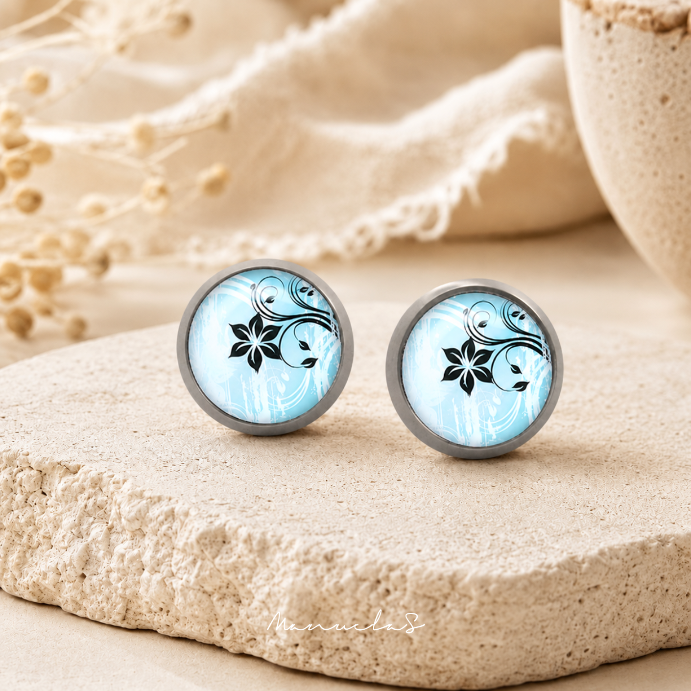 Black Flower Titanium Earrings