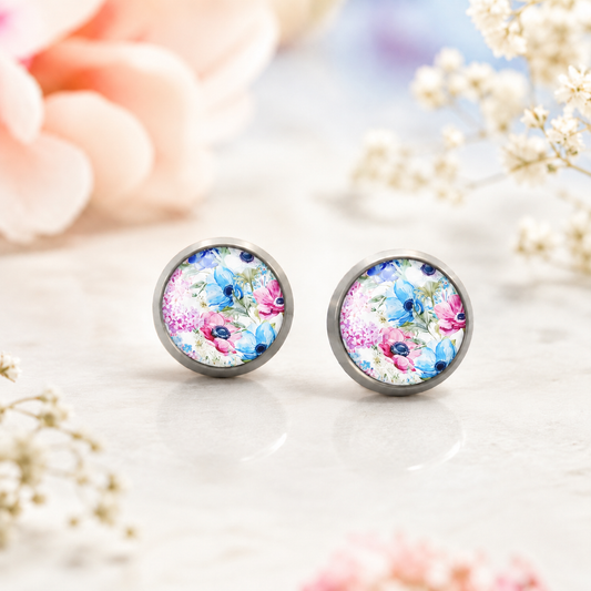 Summer Flower Titanium Earrings | Pink & Blue Floral Design