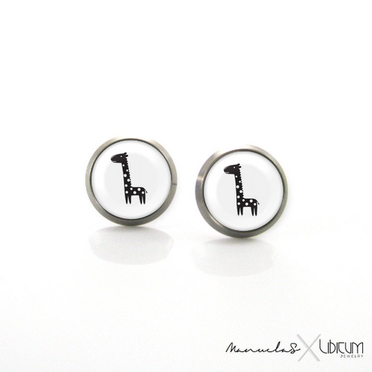 Black Giraffe earrings, Animal Jewelry, animal studs, black and white jewelry, black white earrings, childrens earrings, children titanium earrings, cute earrings, cute giraffe