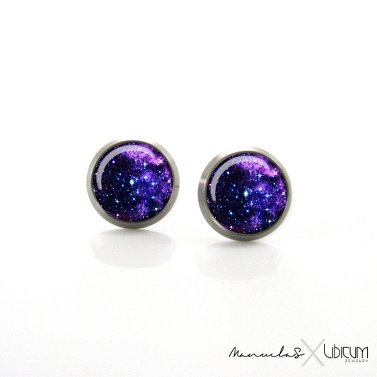 Purple galaxy titanium earrings featuring starry cosmic designs, hypoallergenic and lightweight for sensitive ears