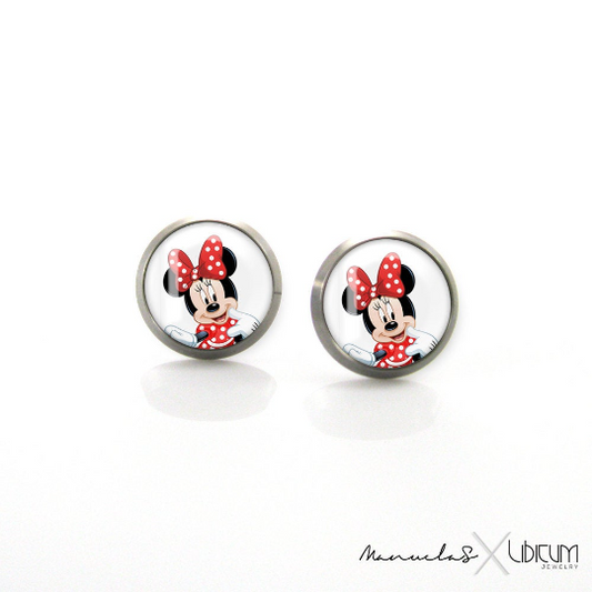 Children's titanium earrings featuring Minnie Mouse design, available in 8mm and 10mm sizes. Hypoallergenic and safe for sensitive ears