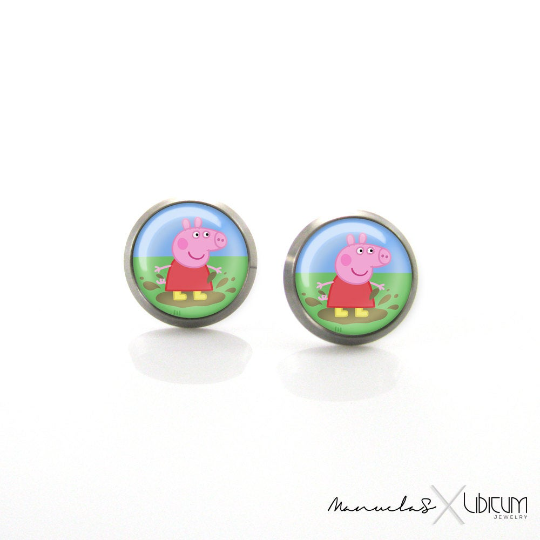 Children's titanium earrings featuring Peppa Pig design, available in 8mm and 10mm sizes. Hypoallergenic and perfect for sensitive ears