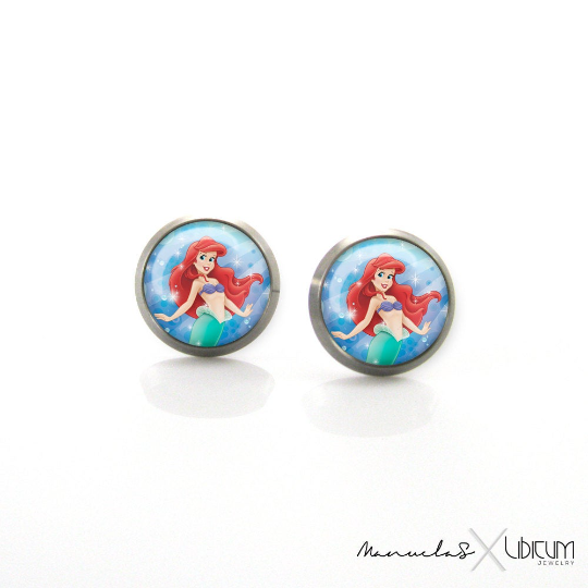 Alt text: Children's titanium earrings with Princess Ariel character image, available in 8mm and 10mm sizes. Hypoallergenic, comfortable, and ideal for young fans of The Little Mermaid