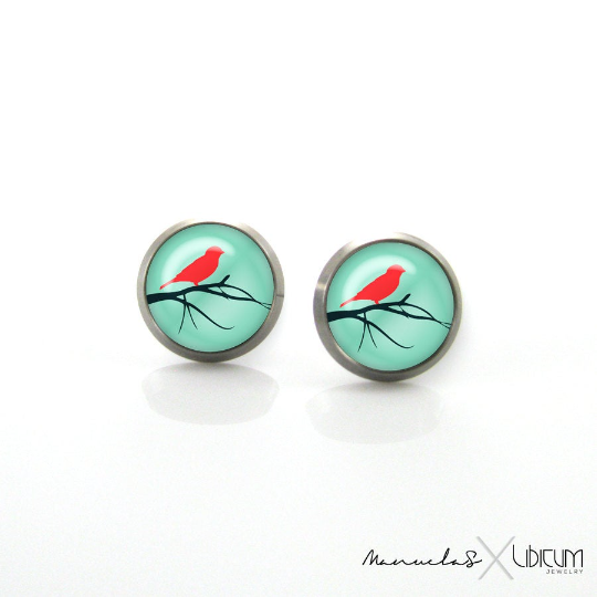 Red Cardinal bird, Cardinal bird, Cardinal Jewelry, Red bird, Summer tanager, bird on branch, bird earrings, bird jewelry, bird studs, women earrings, gift for her, gift for wife, mothers day, Turquoise jewelry, Turquoise earrings, Turquoise color, Turquoise studs