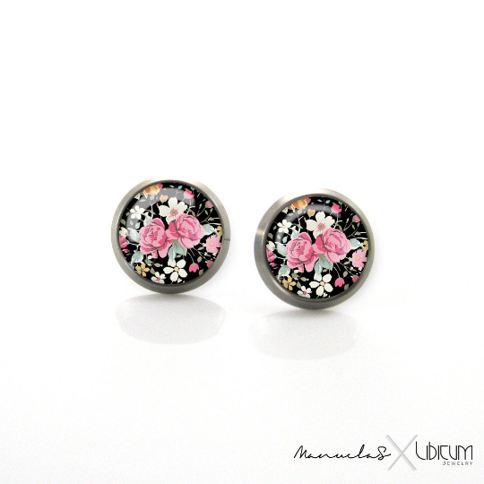 Romantic Vintage Roses, Shabby Chic, Black pink white flowers, Pink romantic, Romantic earrings, Shabby Chic Earrings. Roses Earrings, Flower earrings, Women Earrings, Flower girl, bridesmaid, wedding, black bridesmaid