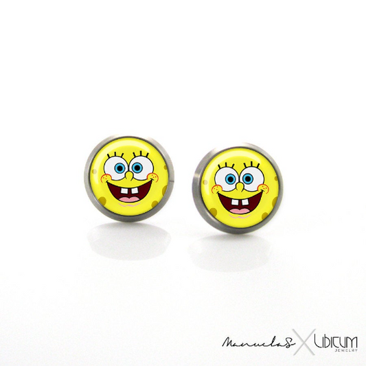 Titanium children's earrings with SpongeBob SquarePants character, available in 8mm and 10mm sizes. Hypoallergenic, comfortable, and perfect for young fans.