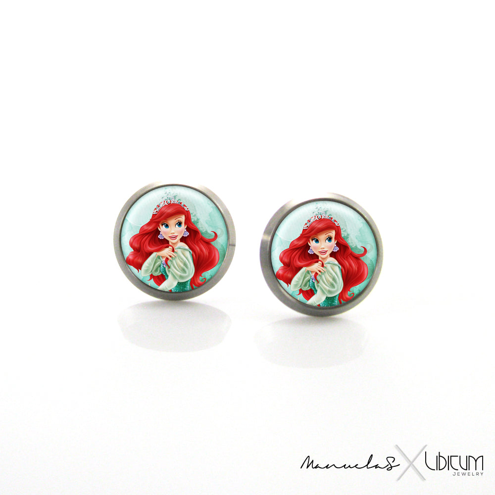 Children's titanium earrings with Princess Ariel character image, available in 8mm and 10mm sizes. Hypoallergenic, comfortable, and ideal for young fans of The Little Mermaid.