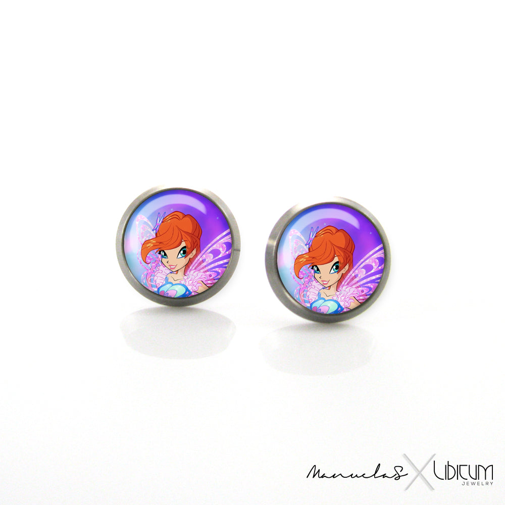 Children's titanium earrings featuring Winx Bloom design, available in 8mm and 10mm sizes. Hypoallergenic and perfect for sensitive ears