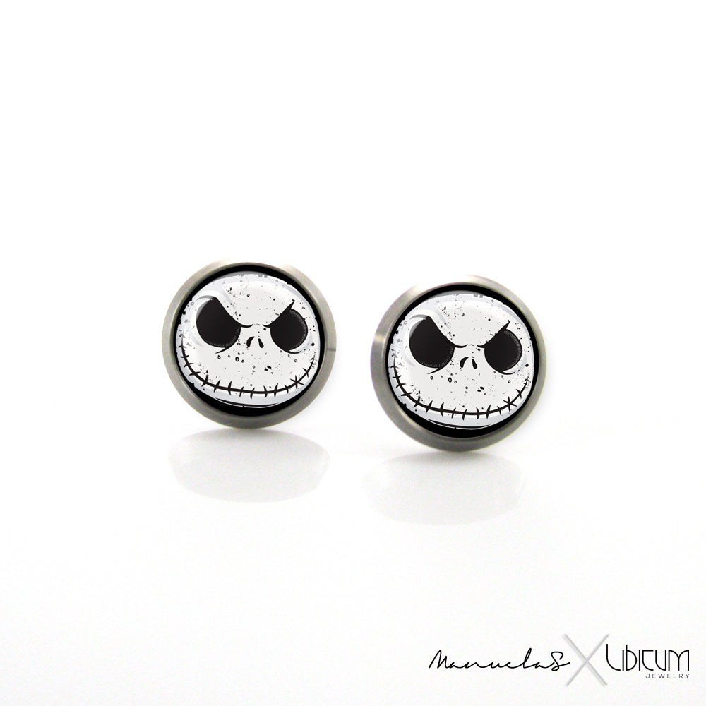 Alt text: Children's titanium earrings featuring Jack Skellington from The Nightmare Before Christmas, available in 8mm and 10mm sizes. Hypoallergenic and perfect for sensitive ears