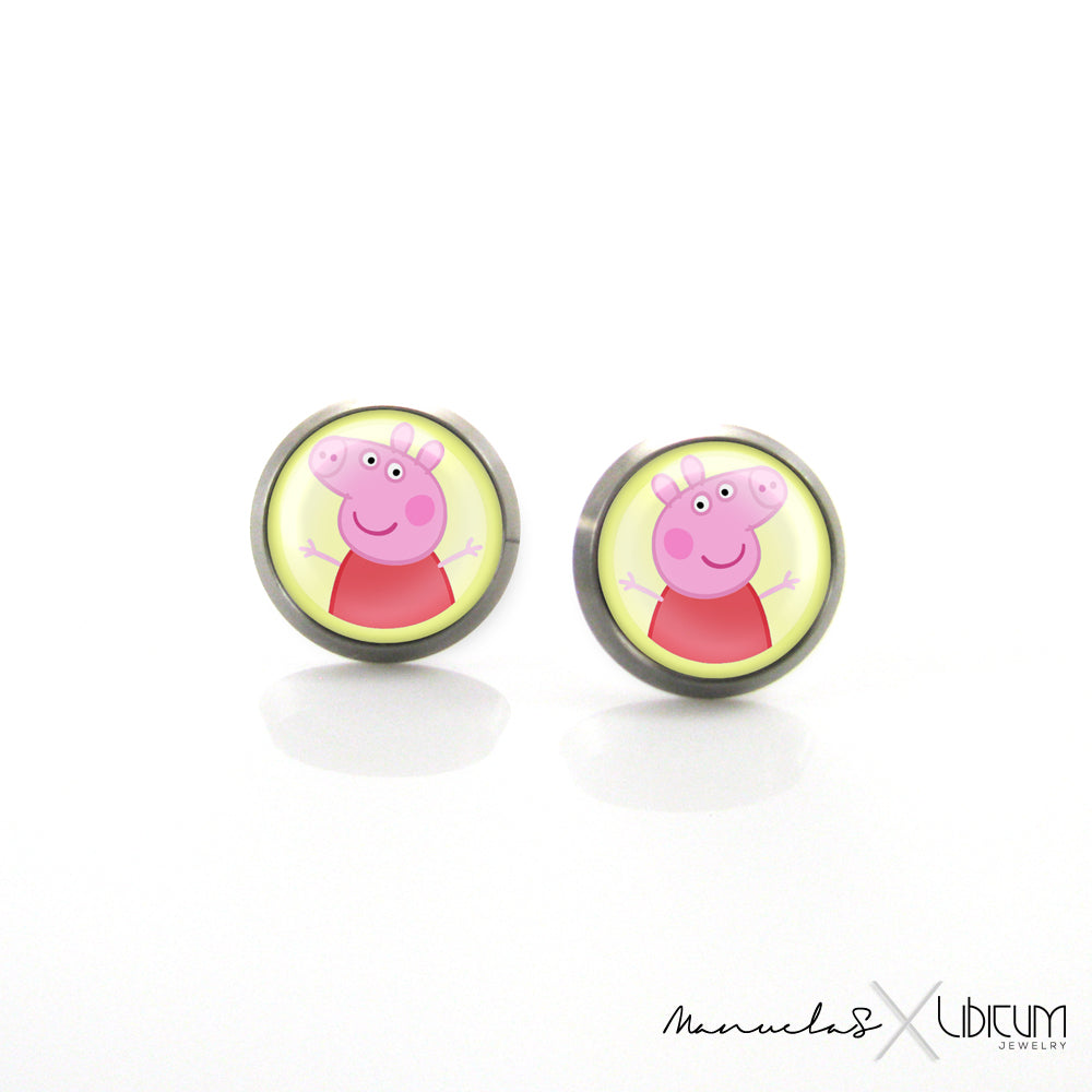 Children's titanium earrings featuring Peppa Pig design, available in 8mm and 10mm sizes. Hypoallergenic and perfect for sensitive ears.