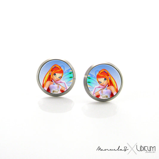 Children's titanium earrings featuring Winx Bloom design, available in 8mm and 10mm sizes. Hypoallergenic and perfect for sensitive ears