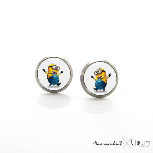 Children's titanium earrings with a Minion character image, available in 8mm and 10mm sizes. Hypoallergenic, comfortable, and ideal for young Minion fans