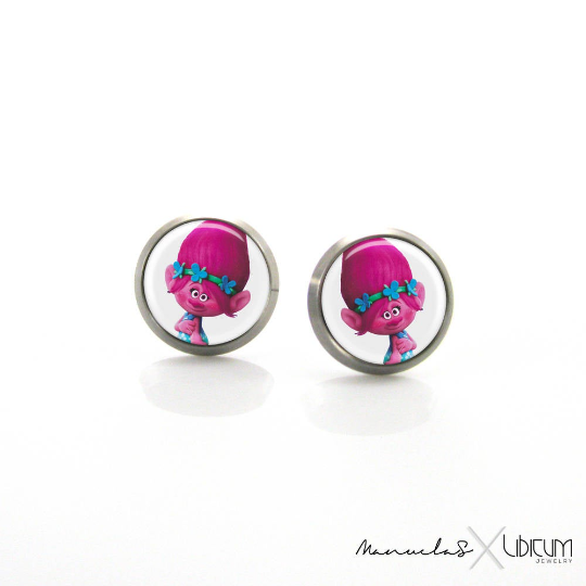 Children's titanium earrings featuring Poppy from Trolls, available in 8mm and 10mm sizes. Hypoallergenic, lightweight, and safe for sensitive ears