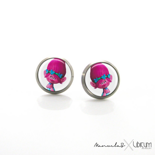 Children's titanium earrings featuring Poppy from Trolls, available in 8mm and 10mm sizes. Hypoallergenic, lightweight, and safe for sensitive ears